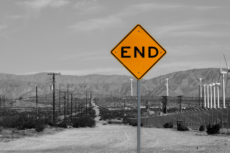 End Road Sign with desert black and white background 
